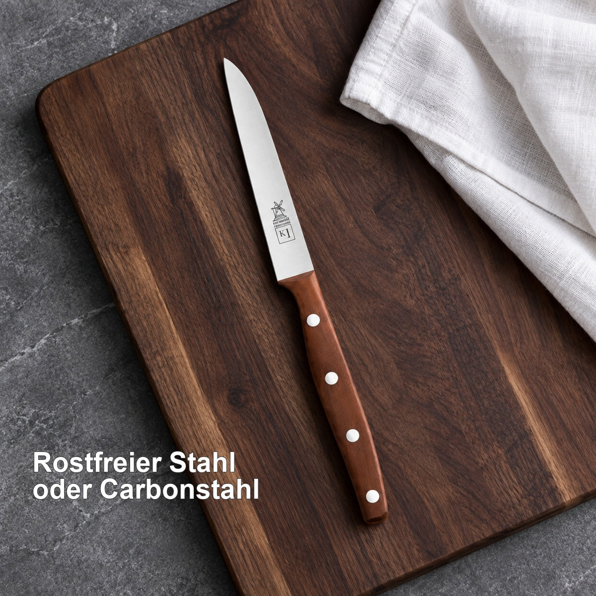 Küchenmesser K1 9 cm – Klinge je nach Variante aus rostfreiem Stahl oder Carbonstahl – vorhandenes Hero-Motiv.