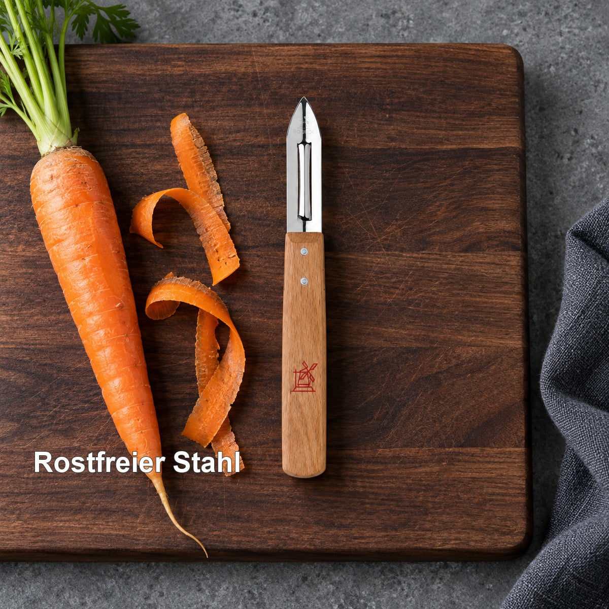 Sparschäler mit Buchenholzgriff – Rostfreier Stahl – vorhandenes Hero-Motiv.
